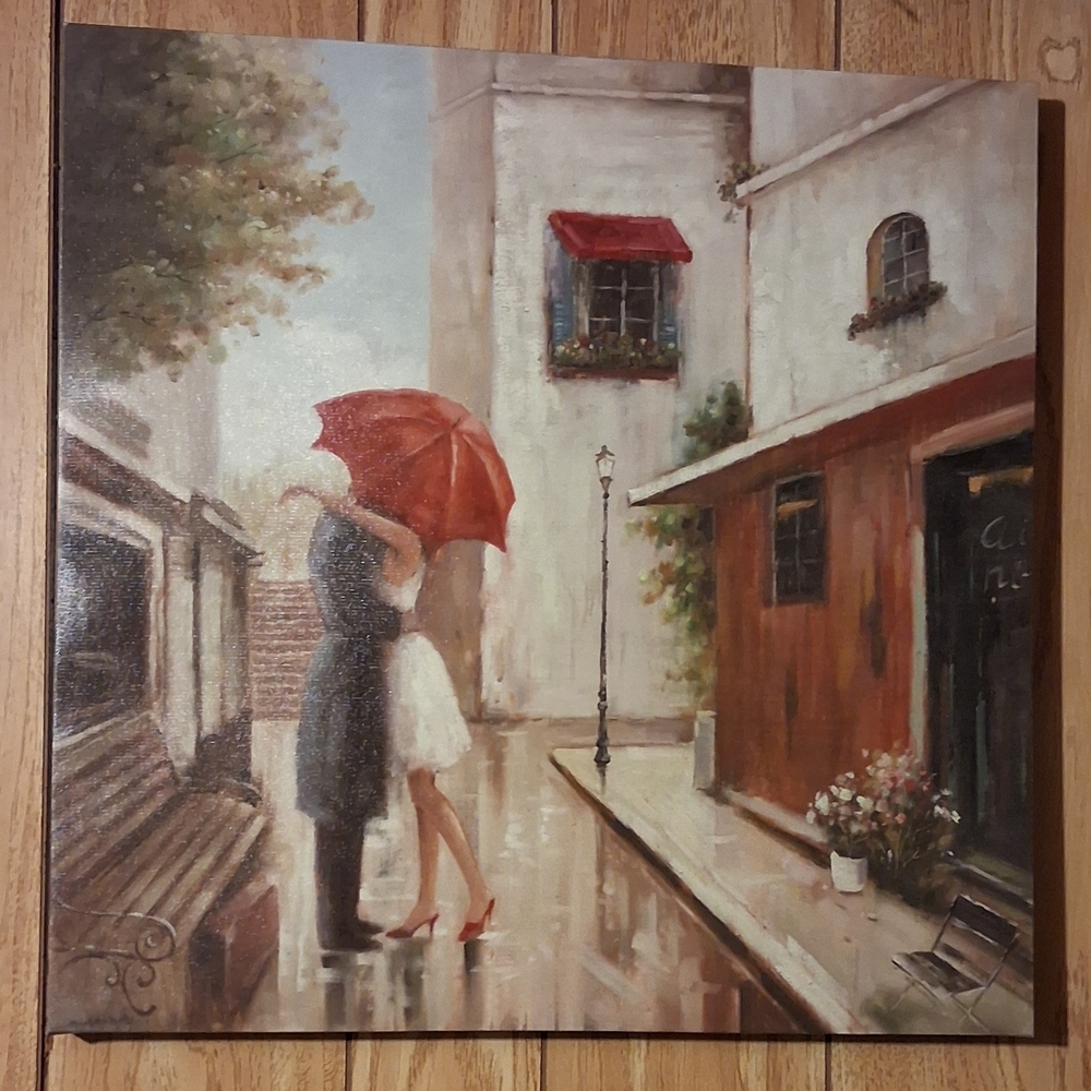Charming Cityscape Art Print with Red Umbrella